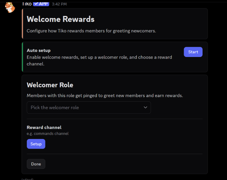 Welcome Rewards setup panel with Auto Setup, Welcomer Role, and reward channel options