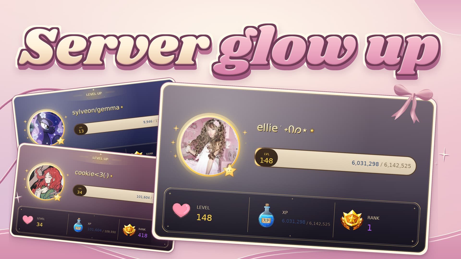 Server glow up: personalized level cards for community members.