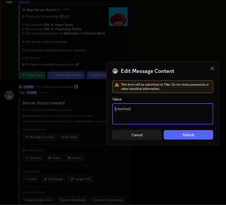 Tiko booster message editor with live preview and customizable reward controls