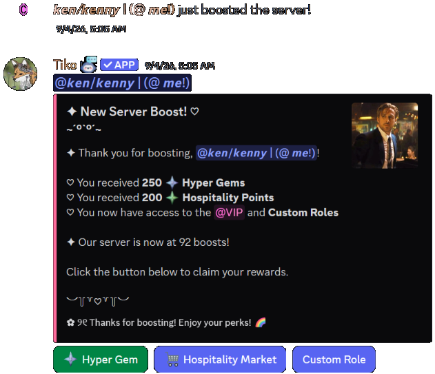 Tiko booster message showing XP, Hospitality Points, and custom role rewards
