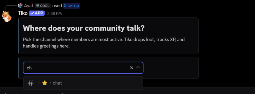 Tiko asking where your community talks during /setup, with a chat channel selected