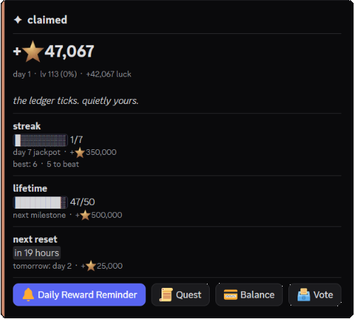 Daily reward card showing stars, streaks, and daily rewards