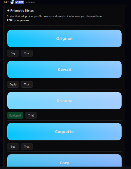 Prismatic market preview showing aesthetic role styles
