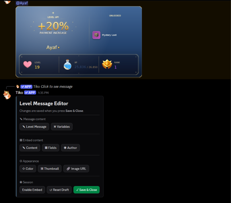 Tiko level-up card preview and Level Message Editor with controls for message, embed content, and appearance